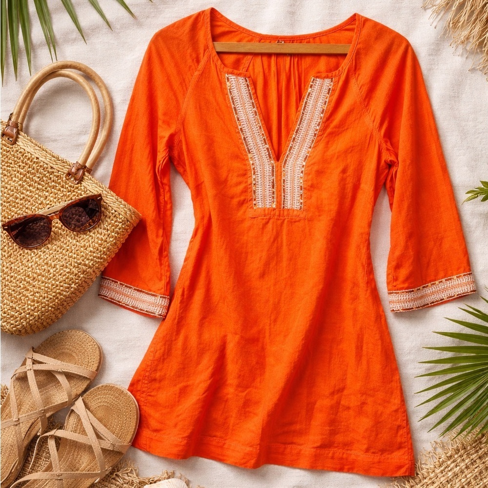 Athleta Orange Embroidered Boho Tunic Top XXS V Neck Sequin Detail Beach